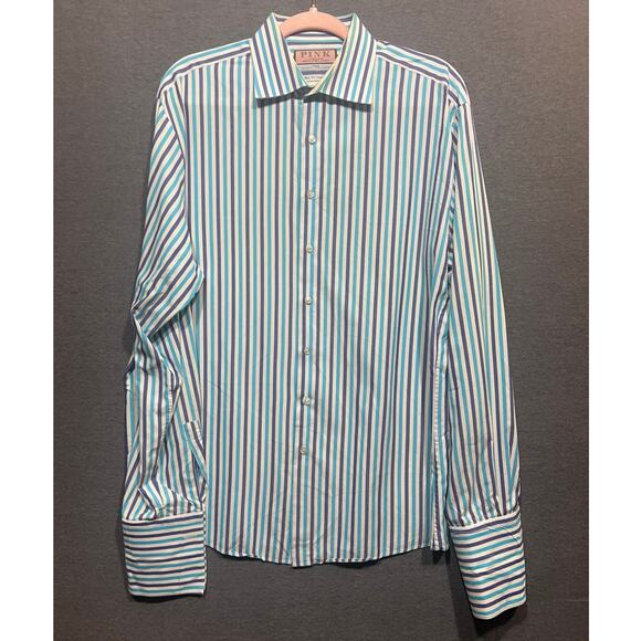 Thomas Pink Label Wide Cuff Man Shirt By Jermyn Street London Blue/White Size 17 - Picture 1 of 5